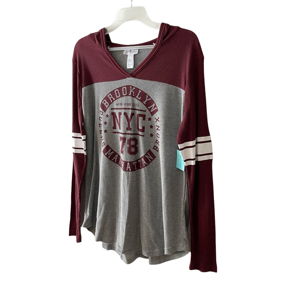 just be NYC Thermal Football Style V-neck Hooded Long Sleeve Shirt - Picture 11 of 16